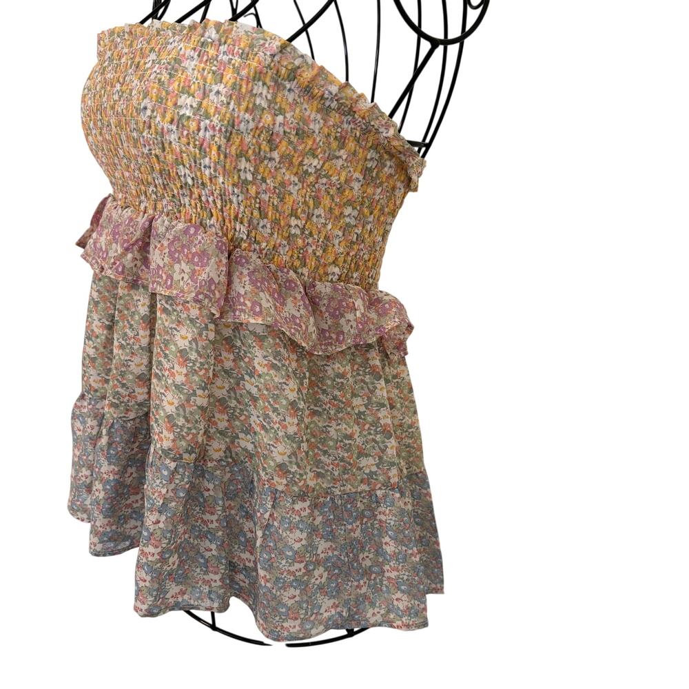 Storia ruffled Smocked Strapless Coquette Babydoll Top Cottage Floral Boho S